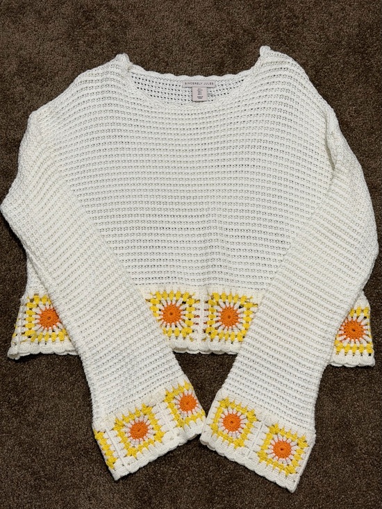 Sincerly Jules Sweaters - Sincerely Jules White Crochet Crewneck Sweater with Yellow & Orange Floral Trim